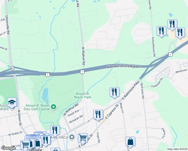 map of restaurants, bars, coffee shops, grocery stores, and more near 414 North Walnut Road in Kennett Square