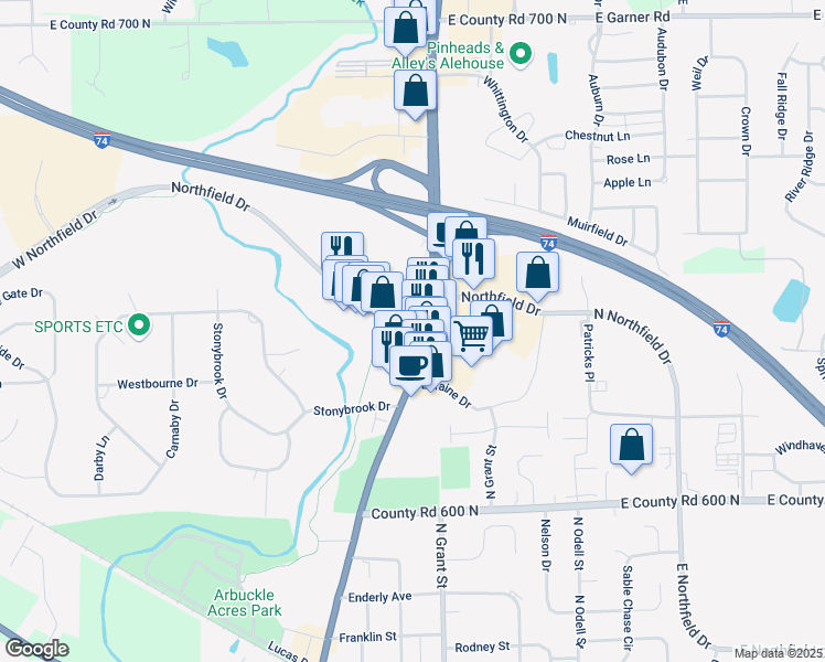 map of restaurants, bars, coffee shops, grocery stores, and more near 960 North Green Street in Brownsburg