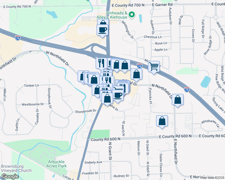 map of restaurants, bars, coffee shops, grocery stores, and more near 1031 North Green Street in Brownsburg