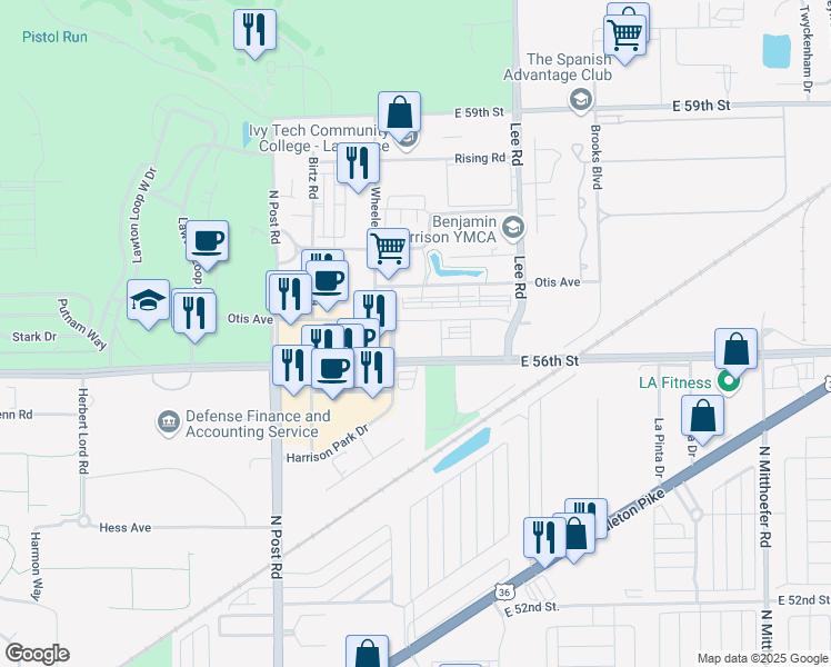 map of restaurants, bars, coffee shops, grocery stores, and more near 9221 Otis Avenue in Indianapolis