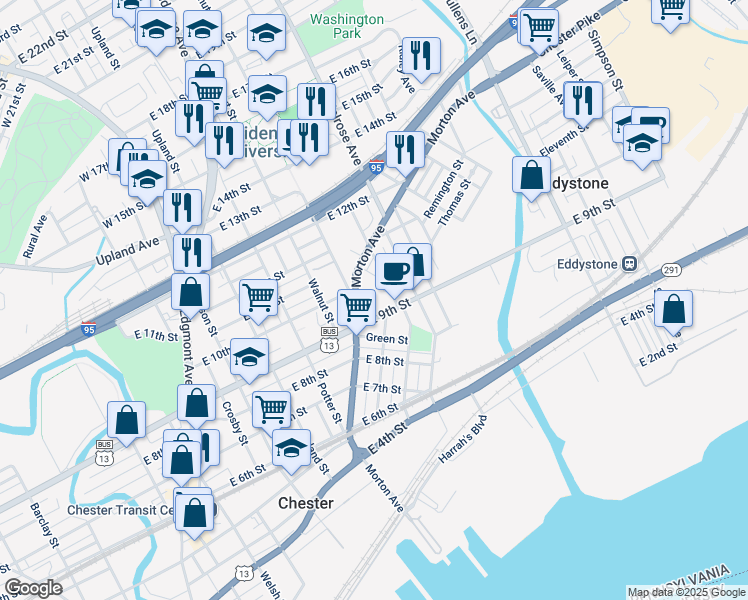 map of restaurants, bars, coffee shops, grocery stores, and more near 620-624 9th Street in Chester