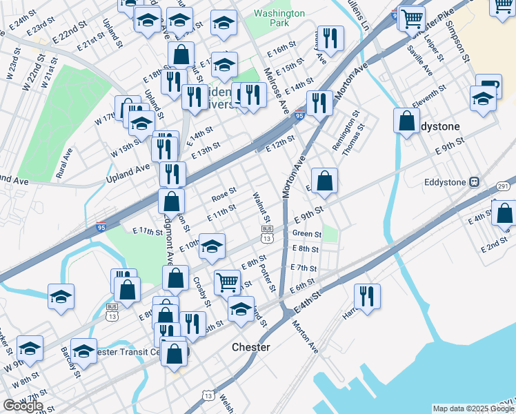 map of restaurants, bars, coffee shops, grocery stores, and more near 538 East 10th Street in Chester