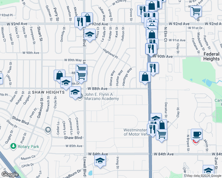 map of restaurants, bars, coffee shops, grocery stores, and more near 8801 Hunter Way in Westminster