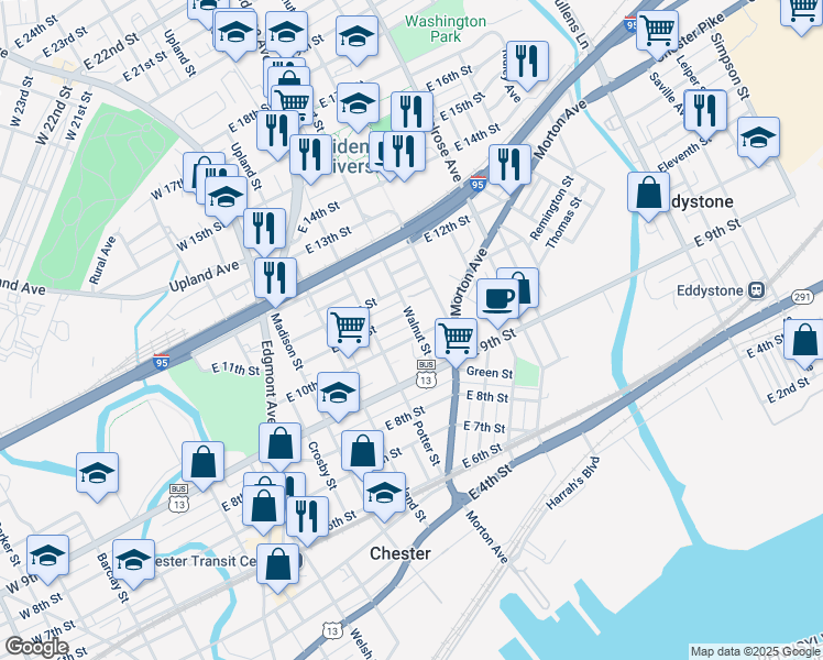 map of restaurants, bars, coffee shops, grocery stores, and more near 538 East 10th Street in Chester