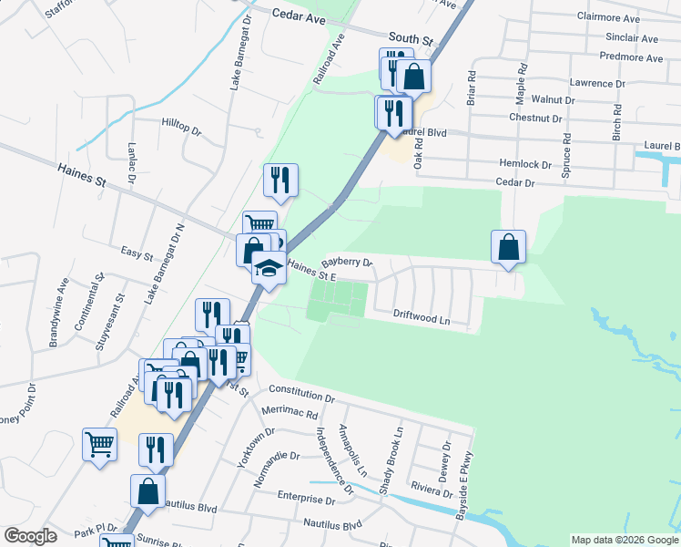 map of restaurants, bars, coffee shops, grocery stores, and more near 3 Bayberry Drive in Lacey Township