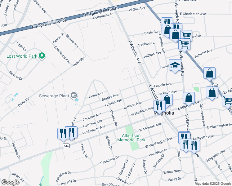 map of restaurants, bars, coffee shops, grocery stores, and more near 400 North Albertson Avenue in Magnolia