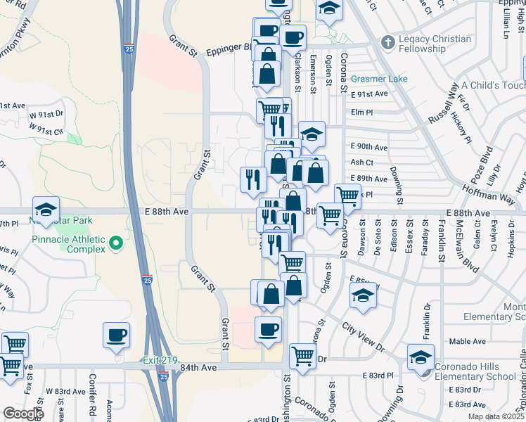 map of restaurants, bars, coffee shops, grocery stores, and more near E 88th Ave & Pearl St in Thornton