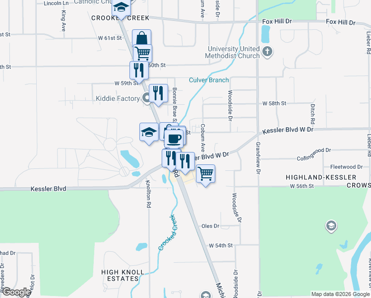 map of restaurants, bars, coffee shops, grocery stores, and more near 1840 Kesslerwood Court in Indianapolis