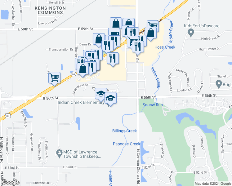 map of restaurants, bars, coffee shops, grocery stores, and more near 10827 Tanbark Drive in Indianapolis