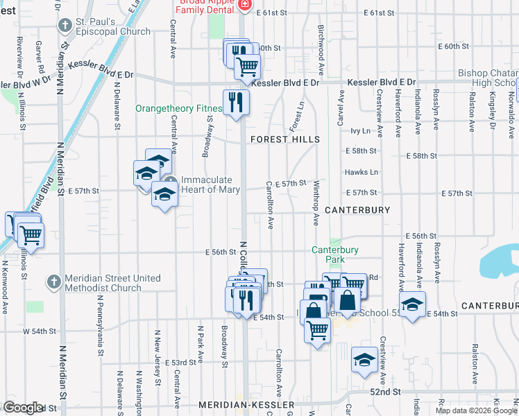map of restaurants, bars, coffee shops, grocery stores, and more near 722 Northview Avenue in Indianapolis