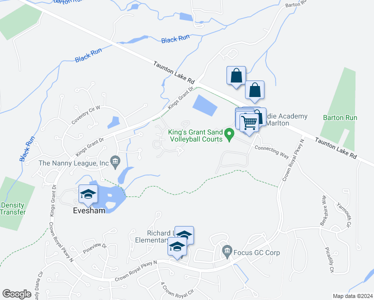 map of restaurants, bars, coffee shops, grocery stores, and more near 66 Woodlake Drive in Evesham Township
