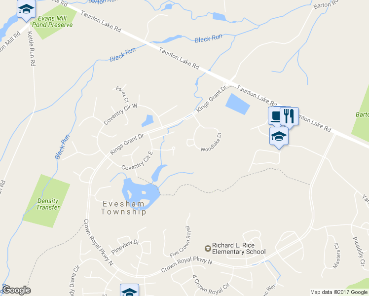 map of restaurants, bars, coffee shops, grocery stores, and more near 138 Woodlake Drive in Evesham