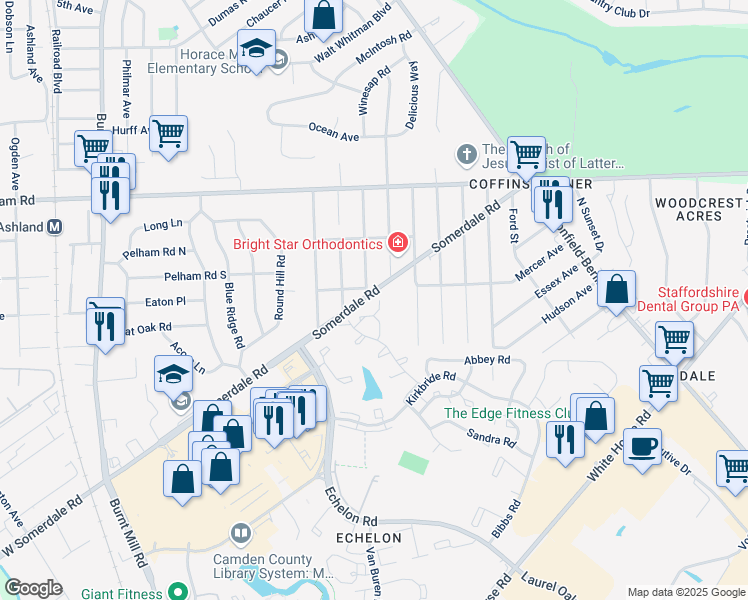 map of restaurants, bars, coffee shops, grocery stores, and more near 1055 Pendleton Court in Voorhees Township