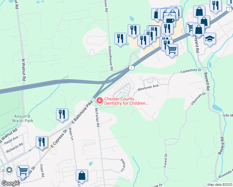 map of restaurants, bars, coffee shops, grocery stores, and more near 414 Victoria Gardens Drive in Kennett Square
