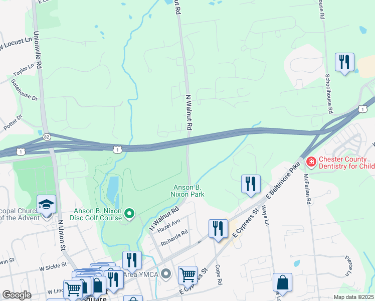 map of restaurants, bars, coffee shops, grocery stores, and more near 412 North Walnut Road in Kennett Square