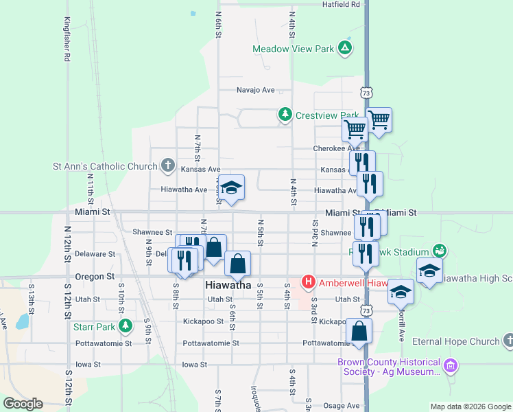 map of restaurants, bars, coffee shops, grocery stores, and more near 411 Hiawatha Avenue in Hiawatha