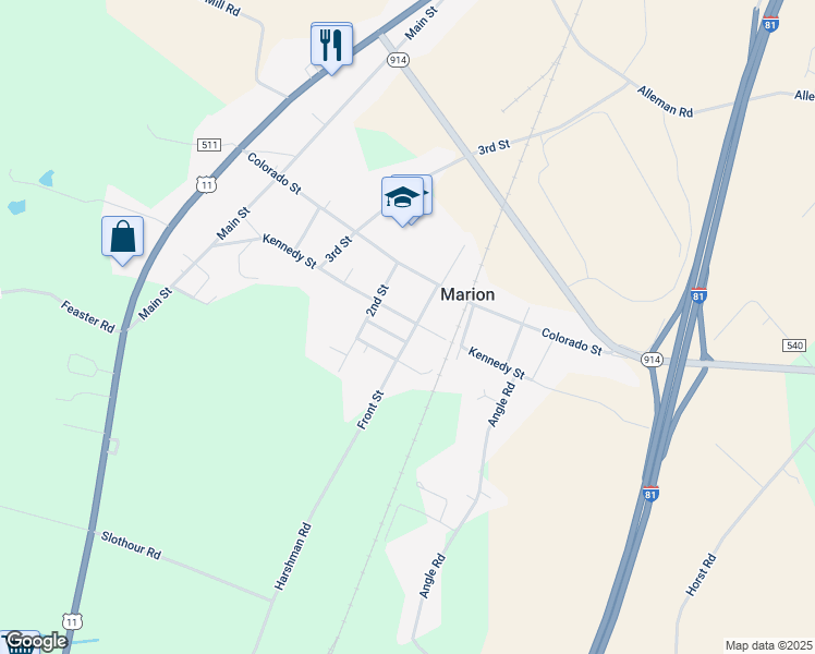 map of restaurants, bars, coffee shops, grocery stores, and more near 5729 Front Street in Chambersburg