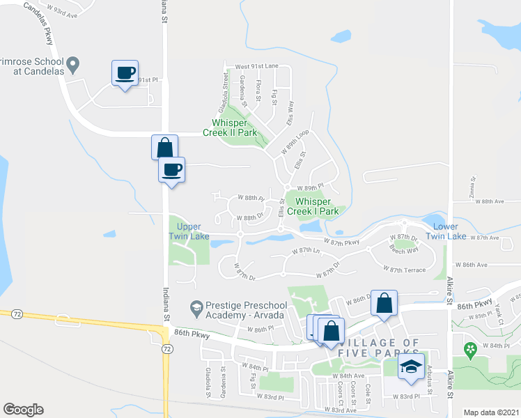 map of restaurants, bars, coffee shops, grocery stores, and more near 14253 West 88th Drive in Arvada