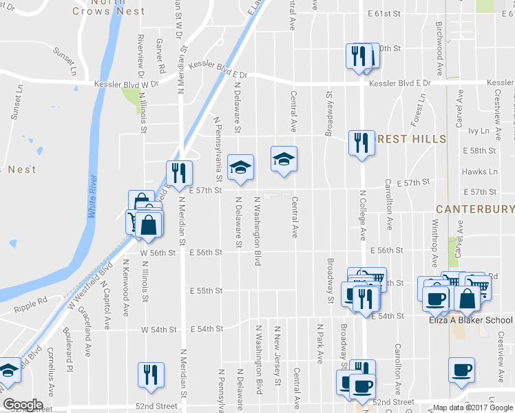 map of restaurants, bars, coffee shops, grocery stores, and more near 5678 North Washington Boulevard in Indianapolis