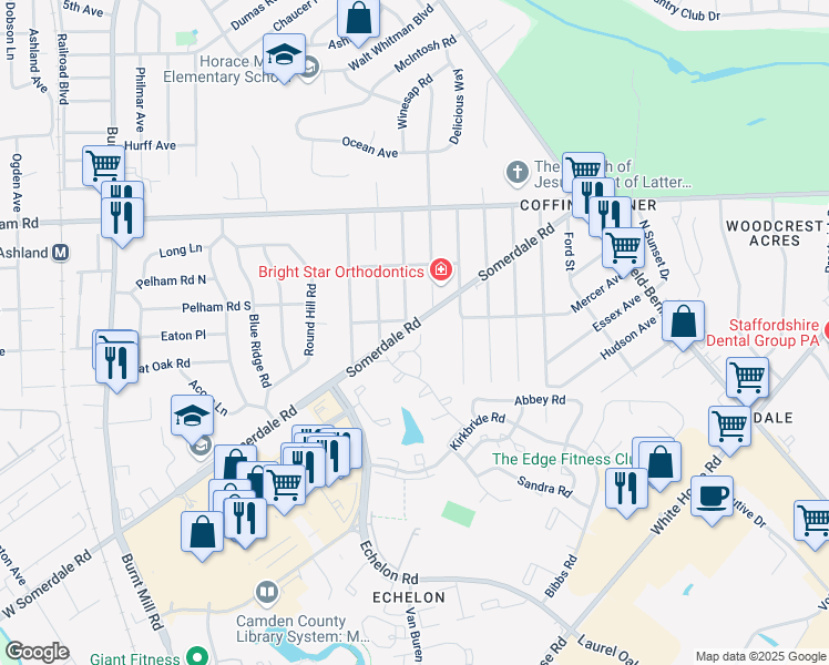 map of restaurants, bars, coffee shops, grocery stores, and more near 1055 Pendleton Court in Voorhees Township