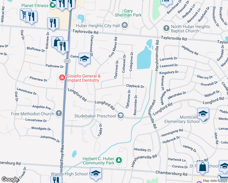 map of restaurants, bars, coffee shops, grocery stores, and more near 7225 Claybeck Drive in Huber Heights