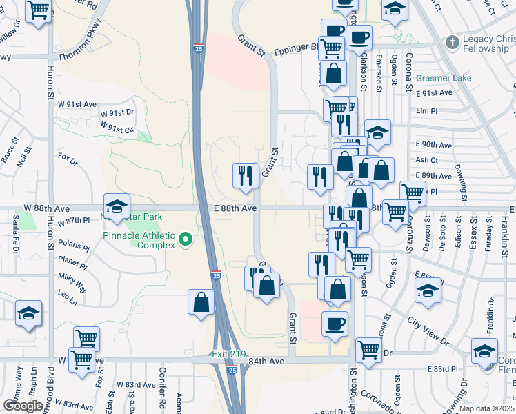 map of restaurants, bars, coffee shops, grocery stores, and more near E 88th Ave & Grant St in Thornton