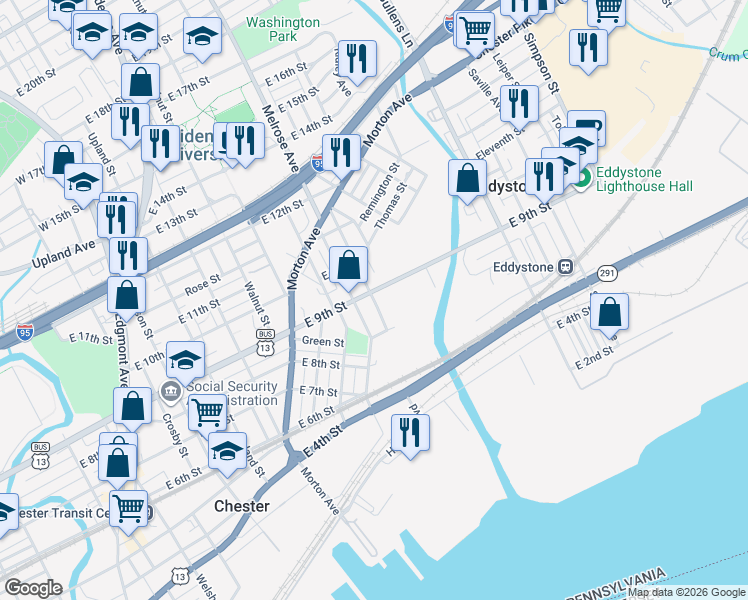 map of restaurants, bars, coffee shops, grocery stores, and more near 851 Elsinore Pl in Chester