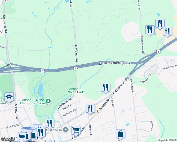 map of restaurants, bars, coffee shops, grocery stores, and more near 414 North Walnut Road in Kennett Square