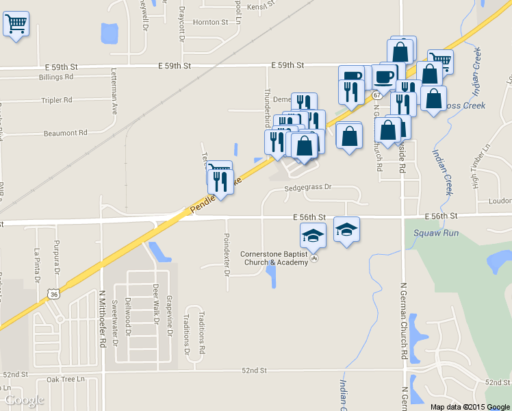 map of restaurants, bars, coffee shops, grocery stores, and more near 10508 Sedgegrass Drive in Indianapolis
