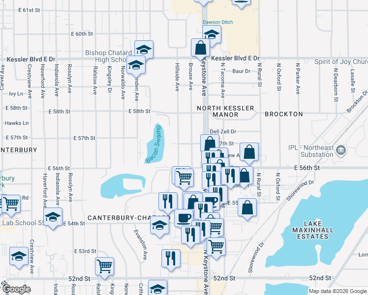 map of restaurants, bars, coffee shops, grocery stores, and more near 2211 East 57th Street in Indianapolis