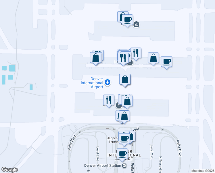 map of restaurants, bars, coffee shops, grocery stores, and more near 8500 Peña Boulevard in Denver