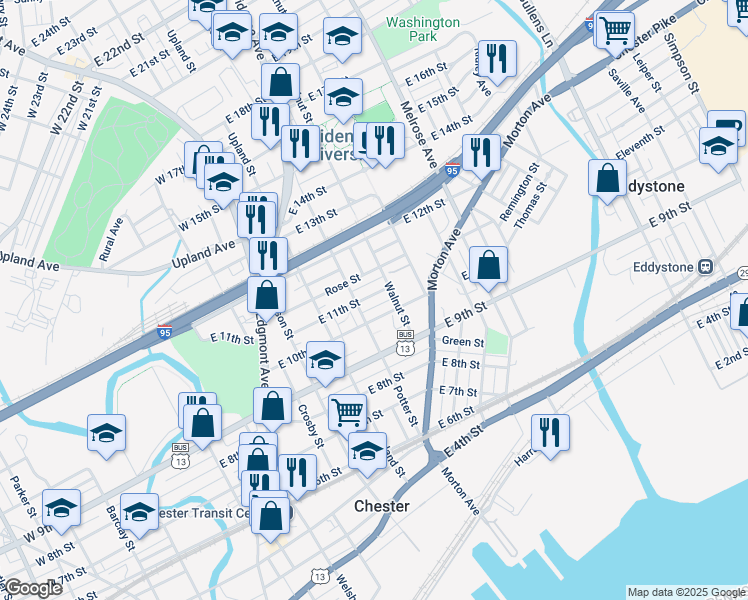 map of restaurants, bars, coffee shops, grocery stores, and more near 521 East 11th Street in Chester
