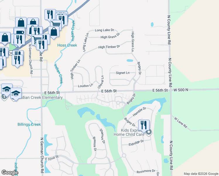 map of restaurants, bars, coffee shops, grocery stores, and more near 11543 Congressional Lane in Indianapolis