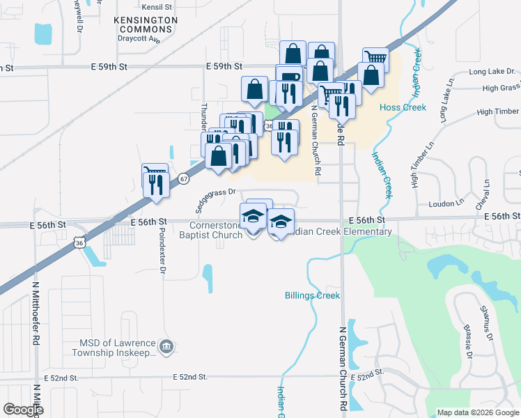 map of restaurants, bars, coffee shops, grocery stores, and more near 10735 Tanbark Drive in Indianapolis