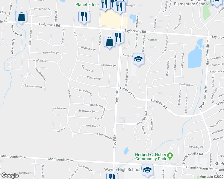 map of restaurants, bars, coffee shops, grocery stores, and more near 5440 Longford Road in Dayton