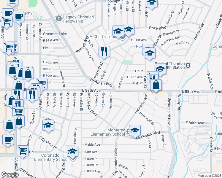 map of restaurants, bars, coffee shops, grocery stores, and more near 1890 Hoffman Way in Thornton