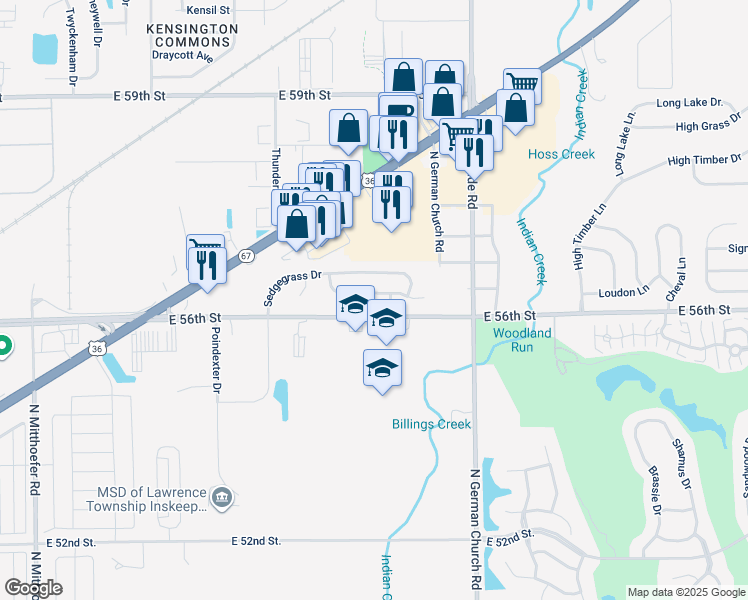 map of restaurants, bars, coffee shops, grocery stores, and more near 10735 Tanbark Drive in Indianapolis