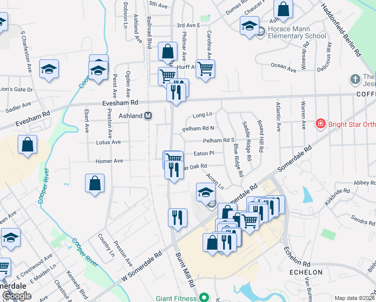map of restaurants, bars, coffee shops, grocery stores, and more near 107 Surrey Road in Voorhees Township