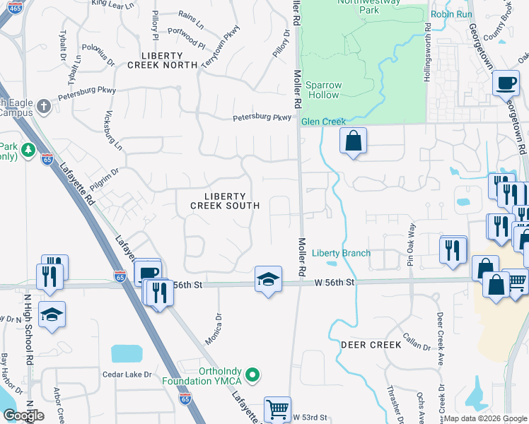 map of restaurants, bars, coffee shops, grocery stores, and more near 5747 Prestonwood Court in Indianapolis