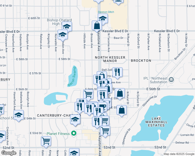 map of restaurants, bars, coffee shops, grocery stores, and more near 5654 North Keystone Avenue in Indianapolis