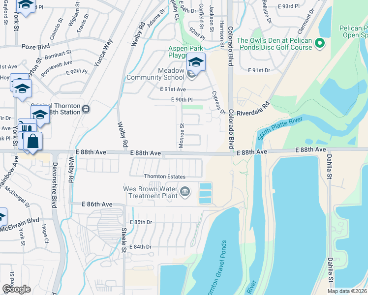 map of restaurants, bars, coffee shops, grocery stores, and more near 3602 East 88th Circle South in Thornton