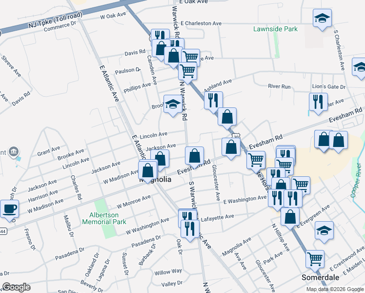 map of restaurants, bars, coffee shops, grocery stores, and more near 218 Warwick Road in Magnolia