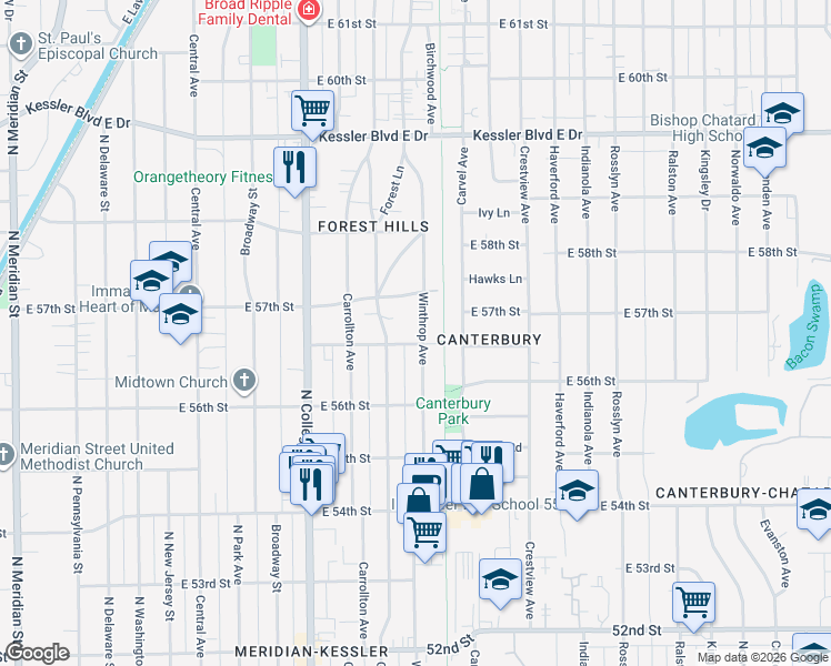 map of restaurants, bars, coffee shops, grocery stores, and more near 5666 Winthrop Avenue in Indianapolis