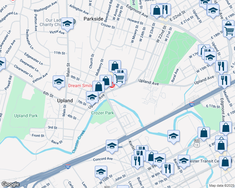 map of restaurants, bars, coffee shops, grocery stores, and more near 1510 Parker Street in Chester