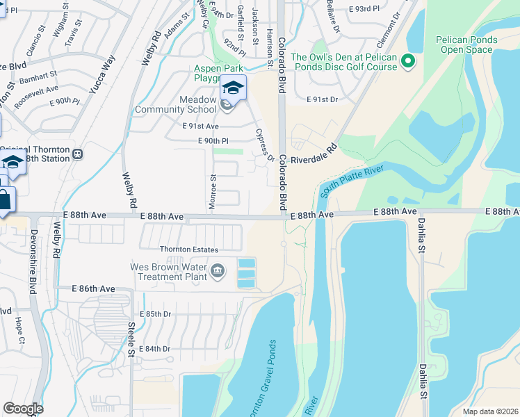 map of restaurants, bars, coffee shops, grocery stores, and more near 8813 Colorado Boulevard in Thornton