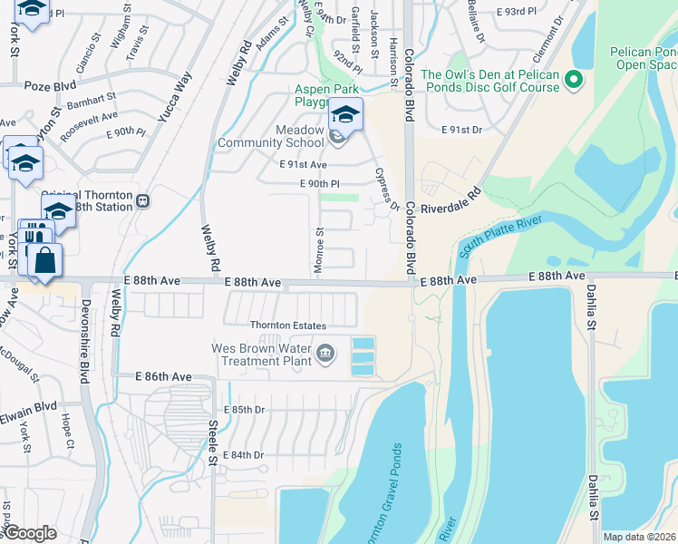 map of restaurants, bars, coffee shops, grocery stores, and more near 3726 East 88th Circle North in Thornton