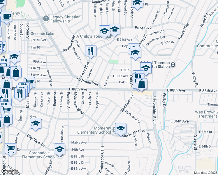 map of restaurants, bars, coffee shops, grocery stores, and more near 2041 East 88th Avenue in Thornton