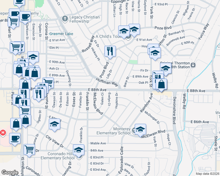 map of restaurants, bars, coffee shops, grocery stores, and more near 1751 East 88th Avenue in Thornton
