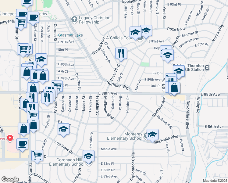map of restaurants, bars, coffee shops, grocery stores, and more near 1751 East 88th Avenue in Thornton