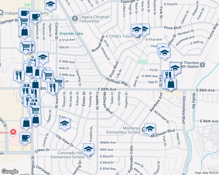 map of restaurants, bars, coffee shops, grocery stores, and more near in Thornton